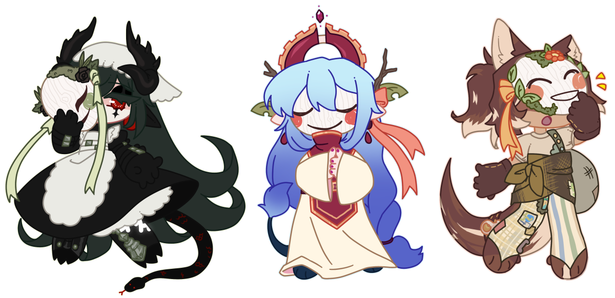 Three fullbody chibis of Vixenkin NPCs Ouroboros, Janus, and Lore all holding a mask for the Raindrop Masquerade. Each mask is made with white wood, have a face and cheeks drawn on them, and decorated with various nature such as moss, branches, and flowers.